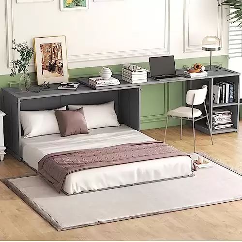 Queen Size Murphy Bed with Rotable Desk and Storage Shelves, Murphy Cube Queen Cabinet Bed, Queen Murphy Wall Bed, Wooden Foldable Floor Bed Frame for Bedroom Living Room Furniture,Gray