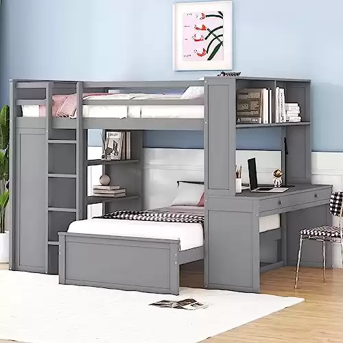 Harper & Bright Designs Full Over Twin Bunk Bed with Storage, Solid Wood Bunk Bed with Shelves, Desk and Wardrobe, Twin Size Loft Bed with a Stand-Alone Bed for Kids Teens Adults (Gray)