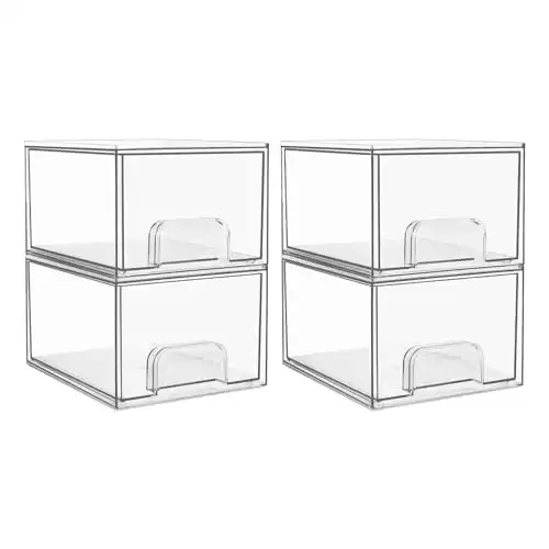 Vtopmart 4 Pack Clear Stackable Storage Drawers, 4.4'' Tall Acrylic Bathroom Makeup Organizer,Plastic Storage Bins For Vanity, Undersink, Kitchen Cabinets, Pantry, Home Organization and Stor...