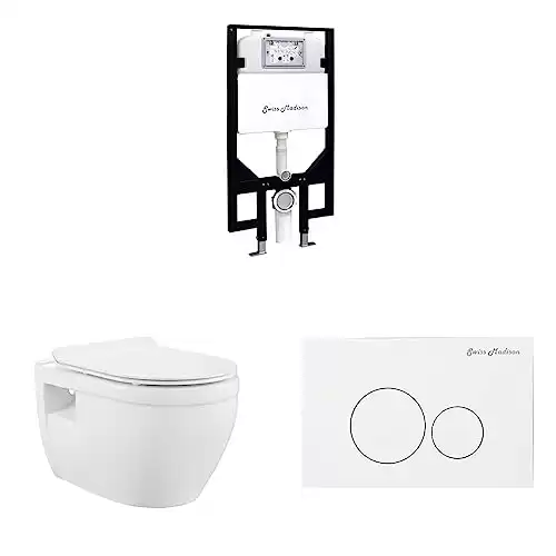 Swiss Madison Well Made Forever SM-WC424 Toilet Tank Carrier, For 2 x 4 Residential Studs, White & Ivy SM-WT450 Wall Hung Toilet, Glossy White & SM-WC001W Actuator Flush Plate, White