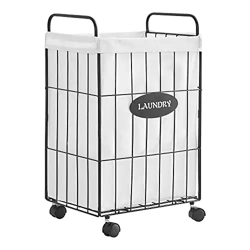 Mxfurhawa Iron Wire Laundry Hamper With Rolling Lockable Wheels, Folding Laundry Storage Basket with Handles,Detachable Liner Collapsible Dirty Laundry Cart Sorter Clothes Basket Organizer (23.6 inch)