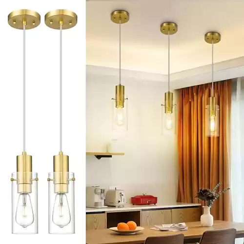 Emak 2 Pack Pendant Lights Kitchen Island, Brushed Gold Pendant Light Fixtures with Clear Glass Shade, Modern Mini Hanging Lights for Kitchen, Bedroom, Sink, PL120-BGD-2PK