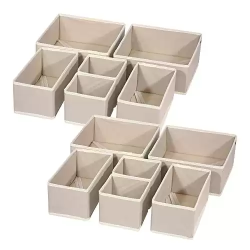 DIOMMELL 12 Pack Foldable Cloth Storage Box Closet Dresser Drawer Organizer Fabric Baskets Bins Containers Divider for Clothes Underwear Bras Socks Lingerie Clothing, Beige 444