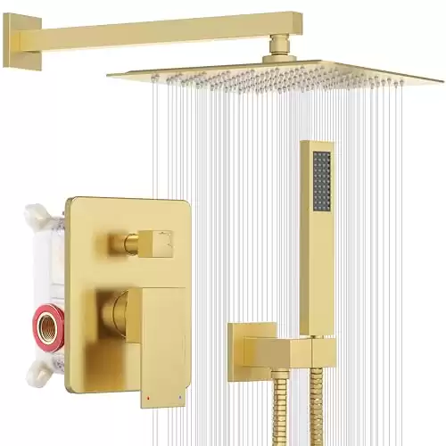 ESNBIA Shower System Gold, Bathroom 10 Inches Rain Shower Head with Handheld Combo Set, Wall Mounted High Pressure Rainfall Dual Shower Head System, Shower Faucet Set with Valve and Trim, Brushed Gold