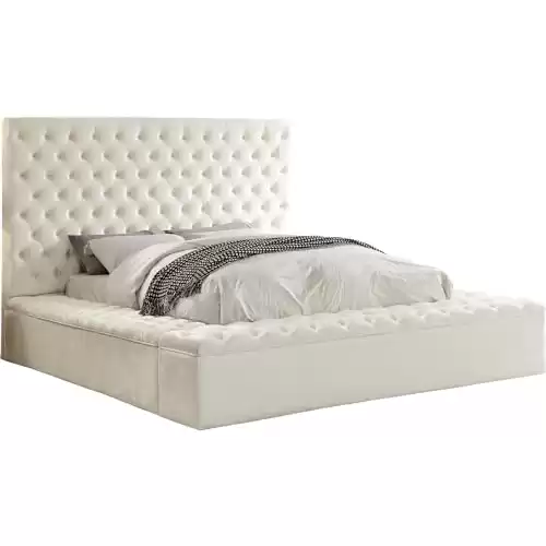 Meridian Furniture Bliss Collection Modern | Contemporary Velvet Upholstered Bed with Deep Button Tufting and Storage Compartments in Rails and Footboard, White, Queen