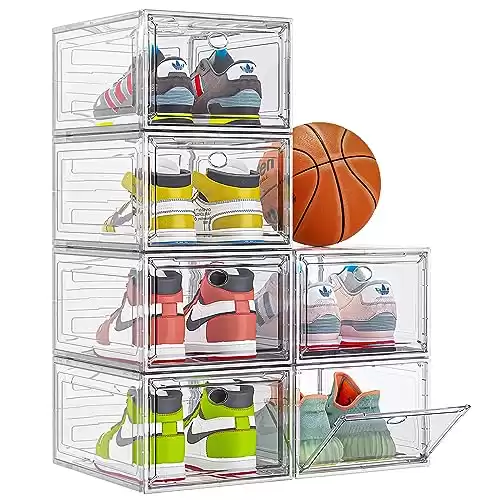 Thicken & Sturdy Clear Shoe Storage Organizer with Magnetic Door, Stackable Boxes for Closet, Foldable Space-Saving Shoe Rack for Sneaker Boot Container, Plastic Shoe Box 6 Pack, White