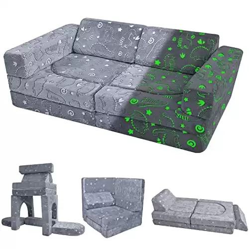 MeMoreCool 10-Piece Couch Sofa, Modular Toddler Glow Sofa for Playroom Bedroom, Fold Out Play Couch for Kid Girl Boy, Sectional Foam Playset Couch Set, Dino