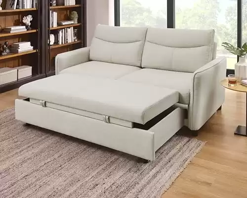 THSUPER 75-Inch Queen Size Convertible Sleeper Sofa Bed, Comfortable Pull-Out Futon Loveseat, Full Love Seat for RV Small Spaces, Hide-A-Bed Fold Out Couch - White