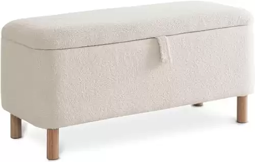 Comfort Stretch Boucle Storage Ottoman Bench for Bedroom end of Bed, Sherpa Upholstered Shoe Seat Storage Beach for Entryway Bed Foot, Rectangle Padded Blanket Chest Cute for Living Room for Kid,White