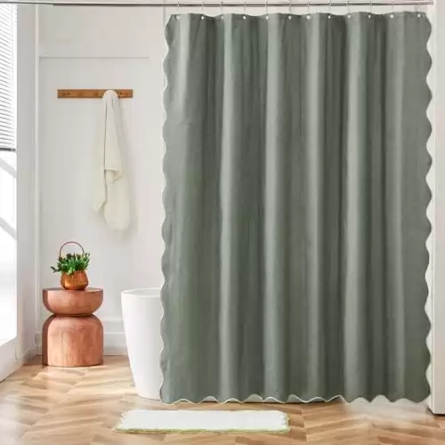 Ohocut Sage Green Scalloped Shower Curtain, Cute Modern Preppy Boho Farmhouse Shower Curtains for Bathroom, Minimalist Luxury Faux Linen Waterproof Fabric Shower Curtain Aesthetic 72 x72 Inch