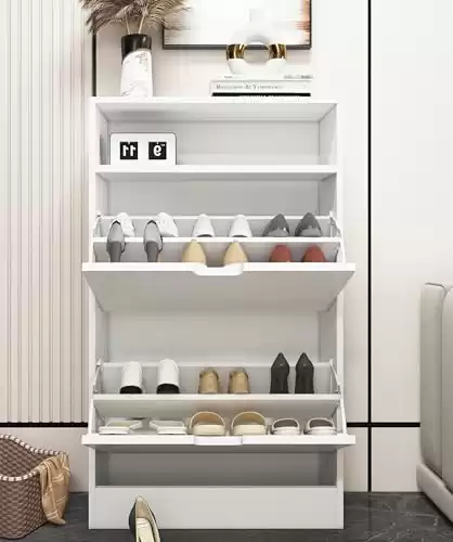 KUMIUNION Shoe Storage Cabinet with 2 Flip Drawers, Slim Freestanding Storage Racks for Entryway, Hallway, Hidden Narrow Shoe Organizers Perfect for Heels, Boots, Slippers, White