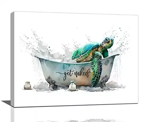 Sea Turtle Bathroom Decor Wall Art Funny Teal Turtle Bathtub Pictures Wall Decor Country Bathroom Sign Canvas Print Painting Framed Artwork Modern Home Decorations For Toilet 16"x12"