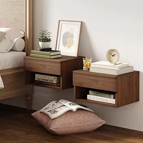 Nathan James Jackson Modern Floating Bedside Nightstand with Drawer, Set of 2, Brown Walnut - Set of 2