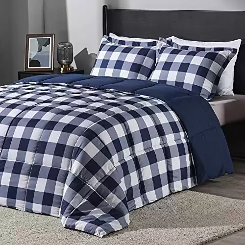 downluxe Lightweight Plaid Comforter Set (Queen) with 2 Pillow Shams - 3-Piece Set - Blue/White Plaid - Down Alternative Reversible Comforter