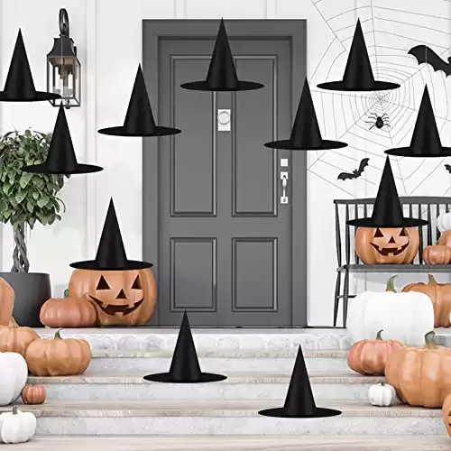 12pcs Halloween Black Witch Hats Costume Accessory Decorations, Thickened Hanging Wizard Hats Bulk for Women Kids with Hanging Rope, Floating Porch Indoor Outdoor Hocus Pocus Decor Party Supplies