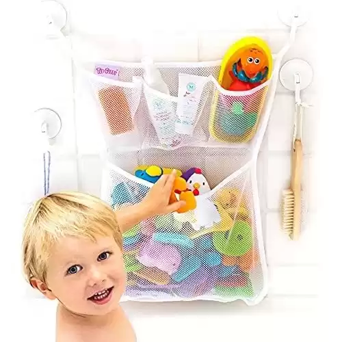 Original Tub Cubby Bath Toy Storage Organizer - With Suction Cup & Adhesive Hooks, 14"x20" Mesh Net Shower Caddy for Kids Bathroom Decor, Bedroom & Car Toy Organizer - Bonus Hooks
