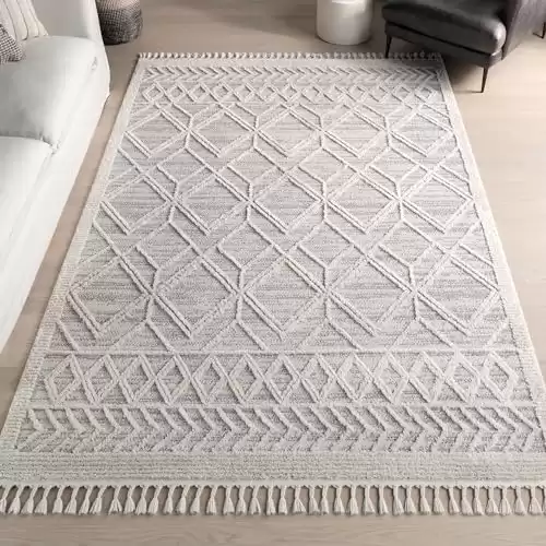 nuLOOM 7x9 Ansley Moroccan Tassel Area Rug, Light Grey, High-Low Textured Bohemian Design, Plush High Pile, Stain Resistant, For Bedroom, Living Room, Hallway, Entryway