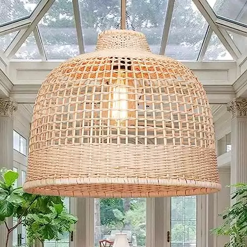 Hgrtaegs Rattan Pendant Lights, Hand-Woven Wicker Light Fixture for Kitchen Island, Natural Bamboo Hanging Ceiling Lamp with Basket Shade, Boho Farmhouse Chandelier for Living Room, 13.8 x 13.8IN