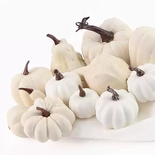 DomeStar 12PCS Artificial White Pumpkins, Assorted Sizes Fake Pumpkins Faux White Pumpkins for Halloween Thanksgiving Fall Autumn Season Harvest Decorations