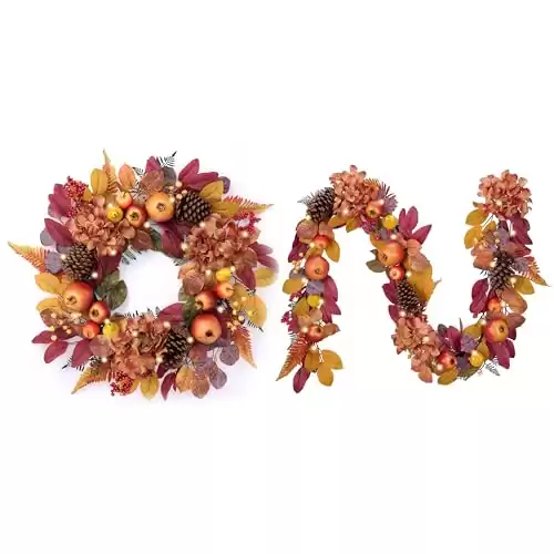 DecorbyHannah Lighted Fall Wreath and Fall Garland for Front Door, Thanksgiving Wall Decor