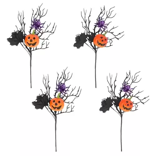 Krissing 4Pcs Halloween Artificial Black Flowers Picks, Halloween Picks Stems with Pumpkin Spiders Black Leaves Faux Twigs and Branches for Vases Floral Arrangement DIY Halloween Centerpieces Decor