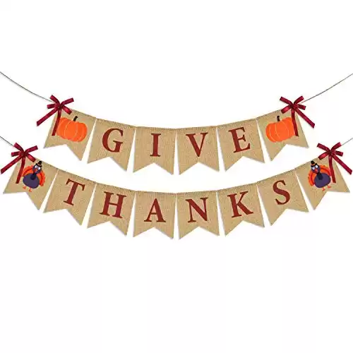 Give Thanks Burlap Banner| ThanksGiving Burlap Banner Thanksgiving Decorations| Rustic Thanksgiving Turkey Pumpkin Bunting| Thanksgiving Party Supplies Fireplace Mantle Decor