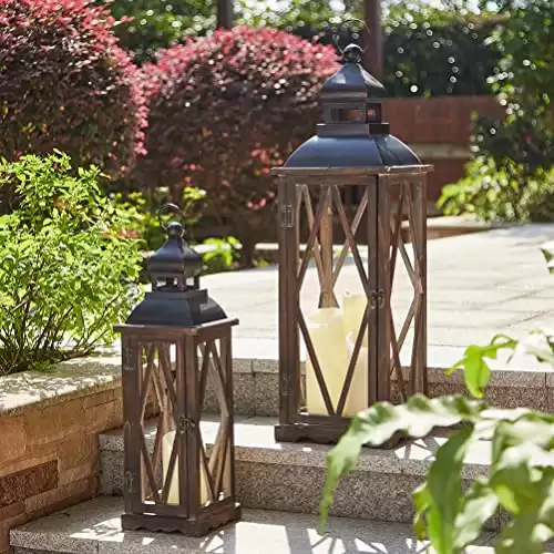 Glitzhome 2 Pack Farmhouse Wood/Metal Decorative Candle Lanterns Vintage Hanging Lantern for Patio - Tabletop, Black (No Glass)