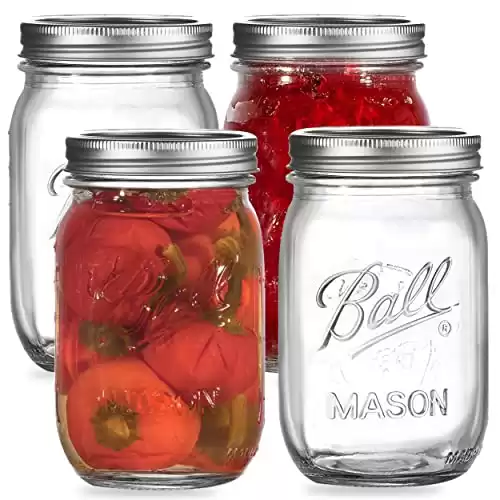 Regular Mouth Mason Jars 32 oz. (4 Pack) - Quart Size Jars with Airtight Lids and Bands for Canning, Fermenting, Pickling, or DIY Decors and Projects - Bundled with Jar Opener