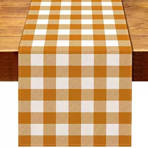 Linen Orange White Buffalo Check Plaid Table Runner Fall Thanksgiving Kitchen Dining Room Decoration