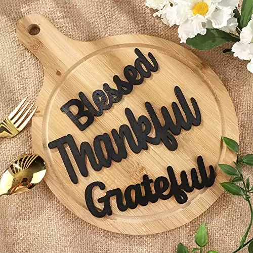 12 Pieces Thankful Grateful Blessed Wood Cutout Thankful Plate Letter Sign Decor Rustic Inspirational Letter Cutout Small Thanksgiving Tabletop Decor Sign for Thanksgiving Decor (Black Color)