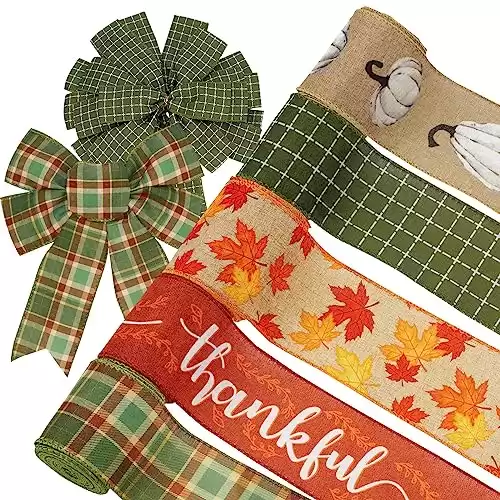 AnyDesign Thanksgiving Wired Edge Ribbon 30 Yards 2.5 in Fall Thankful Pumpkin Maple Leaves Fabric Ribbon Orange Green Plaids Rustic Craft Ribbon for Autumn Harvest Farmhouse Bow Wreath Decor, 5 Roll