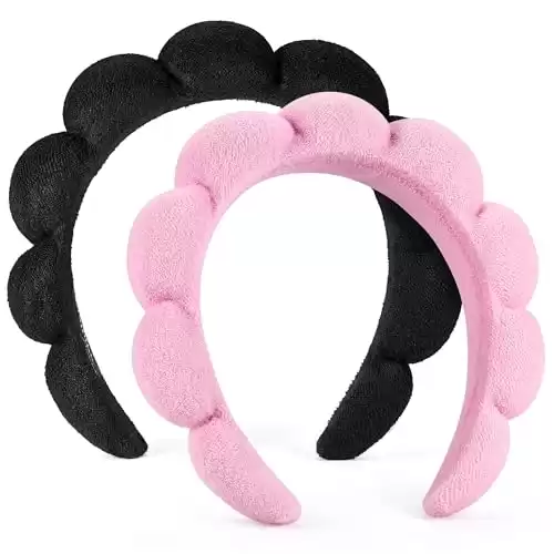 Spa Headbands for Washing Face or Facial, Set of 2 Skincare Headbands, Terry Cloth Headband Combo Pack Puffy Makeup Headbands for Face Washing, Mask, Skin Treatment (Pink & Black)