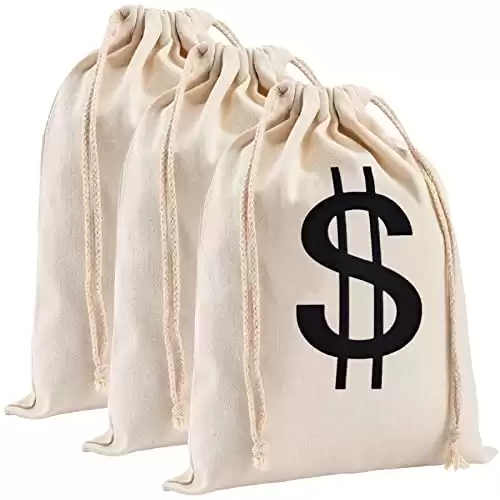 Apipi 3pcs 11.4x15.3 Inches Large Canvas Money Bags for Party, Costume Money Bag Prop with Dollar Sign, Money Sacks for Halloween Bank Robber Pirate Cowboy Cosplay Theme Party