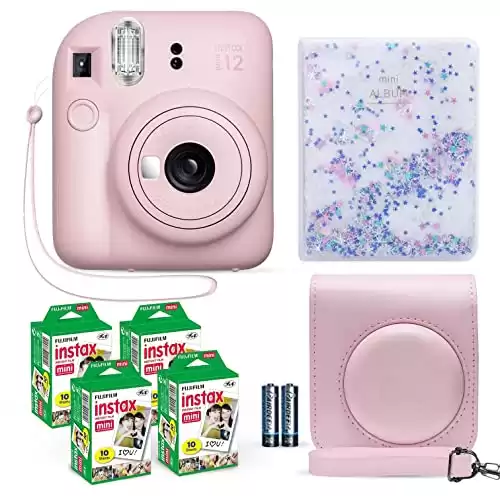 Fujifilm Instax Mini 12 Instant Camera Blossom Pink + Fuji Film Value Pack (40 Sheets) + Shutter Accessories Bundle, Incl. Compatible Carrying Case, Quicksand Beads Photo Album 64 Pockets