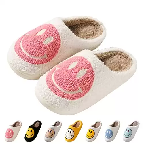 Beishani Smile Face Slippers for Women Retro Soft Plush Warm Slip-on Slippers, Happy face slippers Cozy Indoor Outdoor Slippers