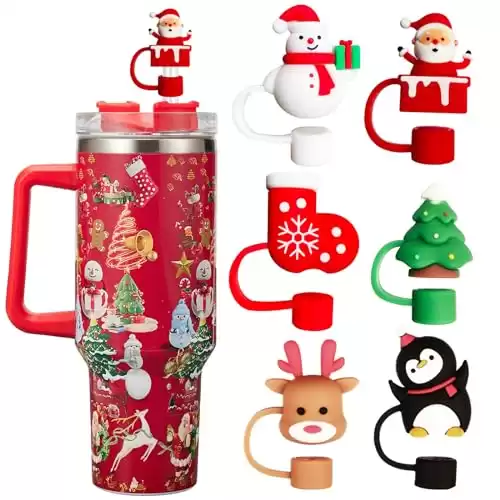 6PCS Christmas Straw Cover Cap for Stanley Cup, Silicone Straw Topper for Stanley 30&40 Oz Tumbler with Handle, 10mm Drinking Straw Tip Covers for Christmas Gifts. (Color 2)