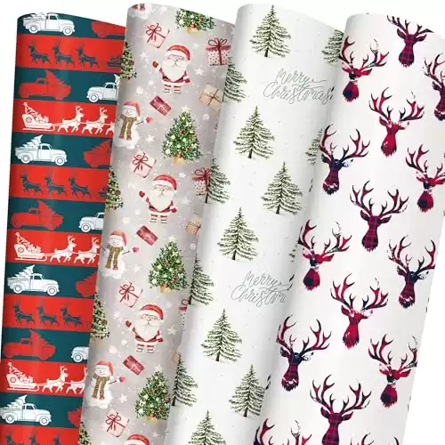 RiukRaiu Christmas Wrapping Paper for Kids Adults - Plaid Reindeer, Santa, Snowmen, Red/Green Rustic Trucks and Xmas Trees Designs - Holiday Gift Wrap with 6 Jumbo Sheets, 40 x 28 Inches Each