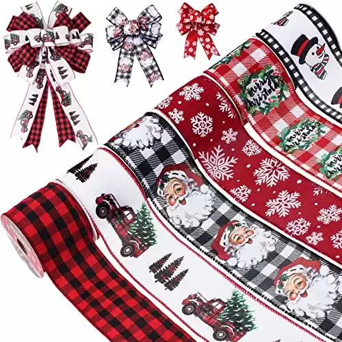 Vloso Christmas Ribbon Wired 2.5 Inch,6 Roll 30Yards Christmas Wired Ribbon,Incl. Santa/Snowman/Snowflake/Christmas Buffalo Plaid Ribbon for Wreaths Bows Christmas Decor DIY Crafts