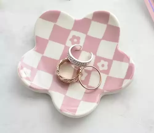 OVENKEI Room Decor Aesthetic Stuff for Teen Girls Gifts Trendy Stuff Pink Roon Decor Aesthetic Room Decor Bedroom Decor Aesthetic Checkered Jewelry Tray