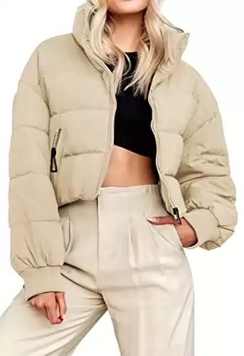 KYL Women's Winter Cropped Puffer Jacket Oversized Zip-Up Quilted Puffy Short Down Coat Apricot Small