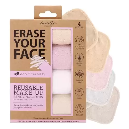 ERASE YOUR FACE Face Reusable Makeup Removing Cloths With Friendly Packaging By Danielle Enterprises 4 pack D50007, ECO, 1 Count