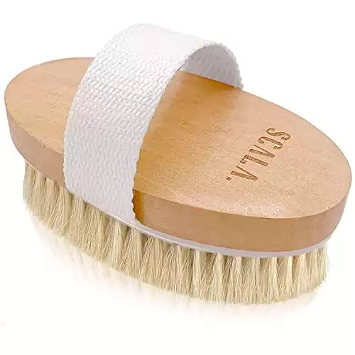 Dry Brushing Body Brush SCALA Natural Bristle Body Brush, Soft Body Exfoliating Brush Scrub for Dead Skin, Cellulite, Lymphatic Drainage, Blood Flow Thicker & Stronger Medium Strength