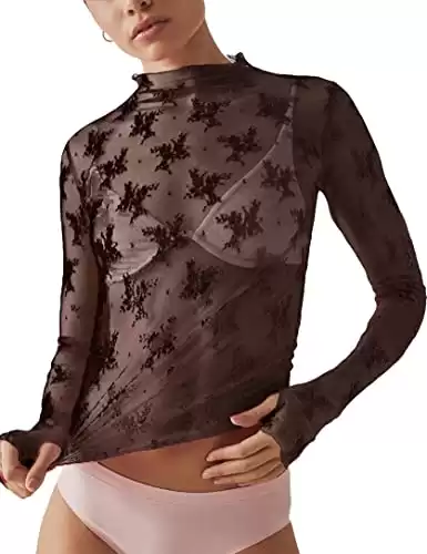 Ugerlov Women's Long Sleeve Mesh Top Mock Neck Sheer Blouse See Through Floral Lace Tops, Black S