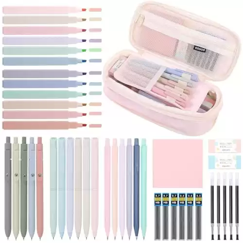 SKYDUE 44Pcs Aesthetic School Supplies with Big Capacity Pencil Case, 12 Highlighters, 11 Gel Pens, 6 Mechanical Pencils, Cute Bible Book Annotation Kit, College Essentials Back to School Gift Pink