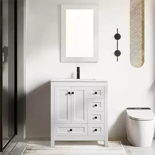 eclife 30" Bathroom Vanities Cabinet with Sink Combo Set, Undermount Ceramic Sink w/Thickened Wood, Matte Black Faucet, Painted Surface, Mirror, White