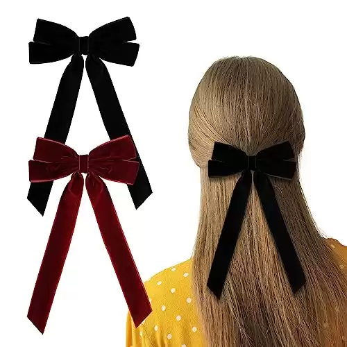 Long Tail Velvet Bow Hair Ties, Classy Women Girls Hair Styling Accessories, Gift Hair Bows Cute Alligator Barrette Clips for Mom Teen Toddler Girl Stuff, Back to School Outfits, Black and Burgundy