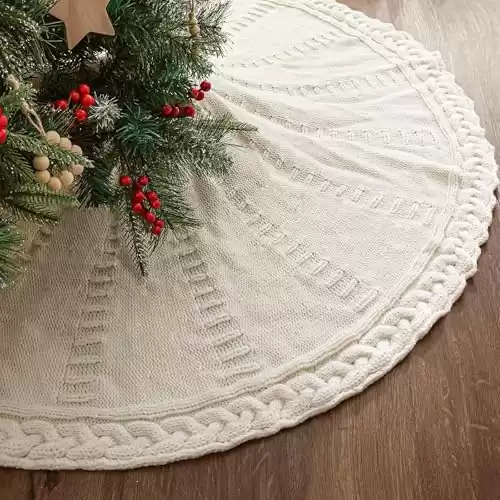 LimBridge Knitted Christmas Tree Skirt: 48 Inches Cream White Tree Skirt, Braided Cable Knit Thick Rustic Christmas Tree Decorations, Farmhouse Christmas Decor Xmas Holiday Home Party Decorations