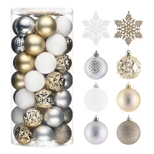 Valery Madelyn Christmas Tree Decorations Ornament Set for Fall Halloween Decor, 50ct White and Gold Shatterproof Christmas Ball Ornaments Bulk, 2.36 Inches Hanging Decor for Xmas Holiday Party