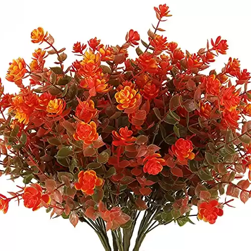 RECUTMS 8 Bundles Artificial Fall Flowers No Fade Faux Autumn Plants, Fake Indoor Outdoor Greenery Decorations for Thanksgiving Christmas Wedding Party Home Garden Fireplace Décor (Green Orange)