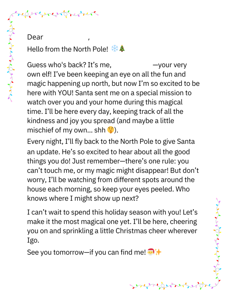 ELF ON THE SHELF ARRIVAL IDEAS LETTER